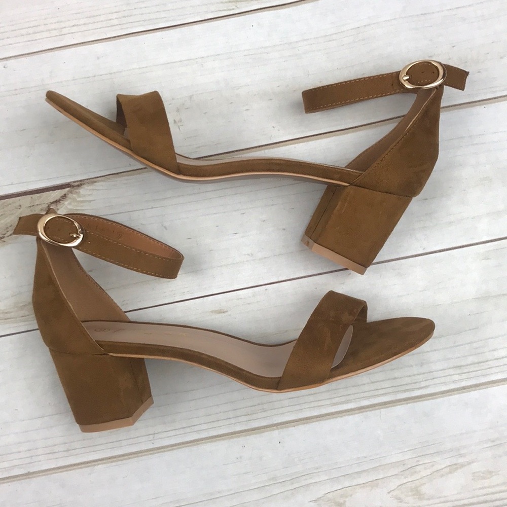 Brown Ankle Strap Faux Suede Look Open Toe Heels